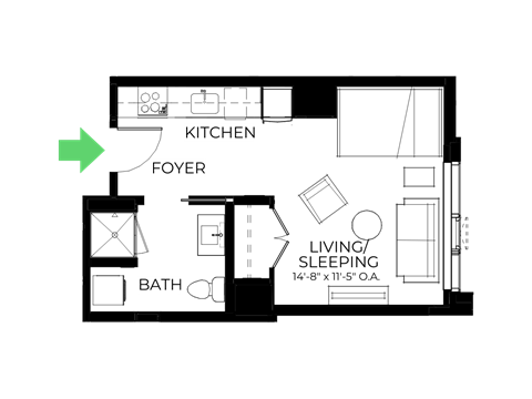Floor plan for studio, 1 bath, 382 sqft
